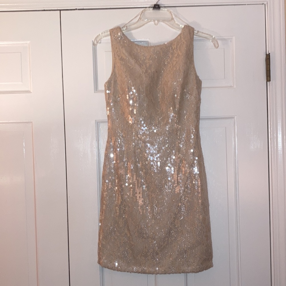 Aidan Mattox Nude Sequin Sheath Lace Dress, sleeveless